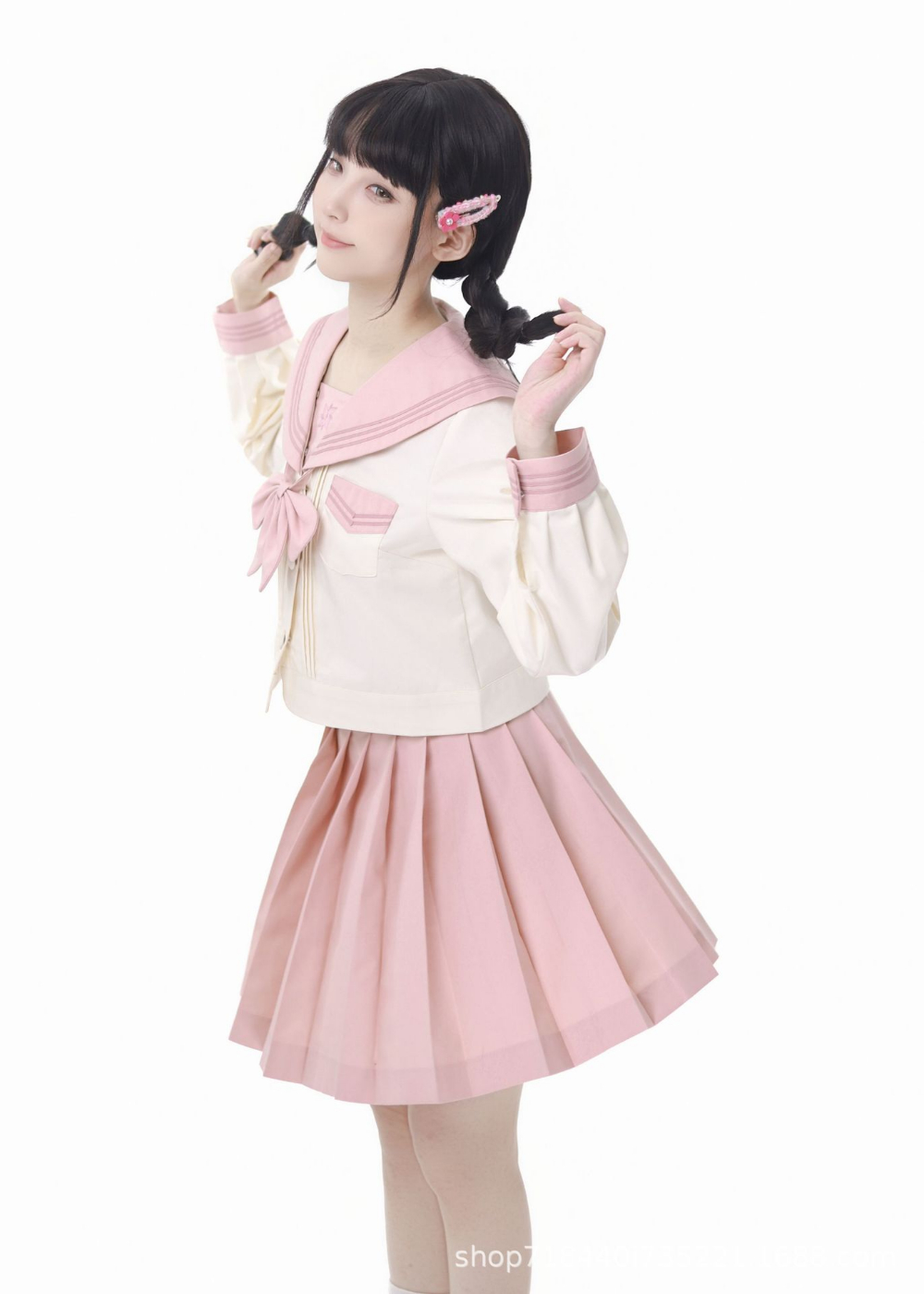 Beige long-sleeved shirt   bow tie  43CM short skirt