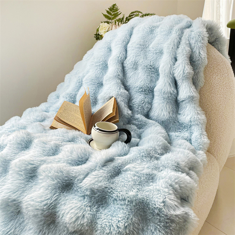 800g big rabbit plush-tokas fur blanket-shallow blue