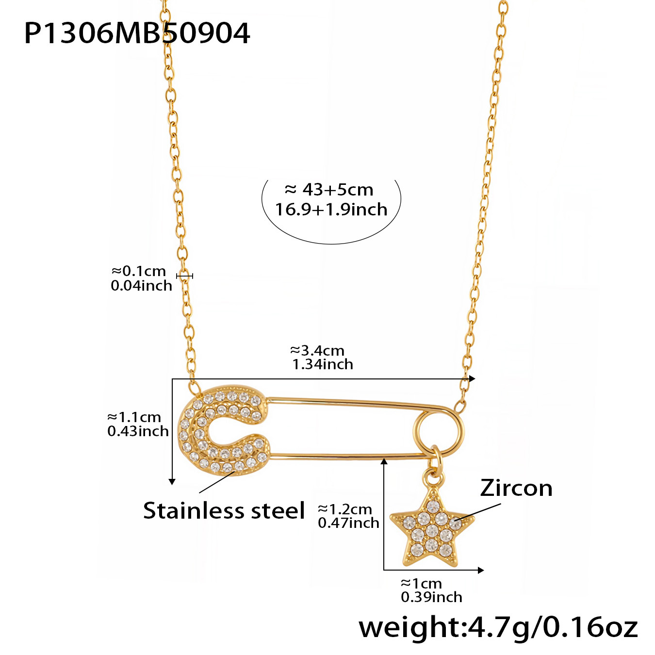 Golden five-pointed star paperclip zircon necklace