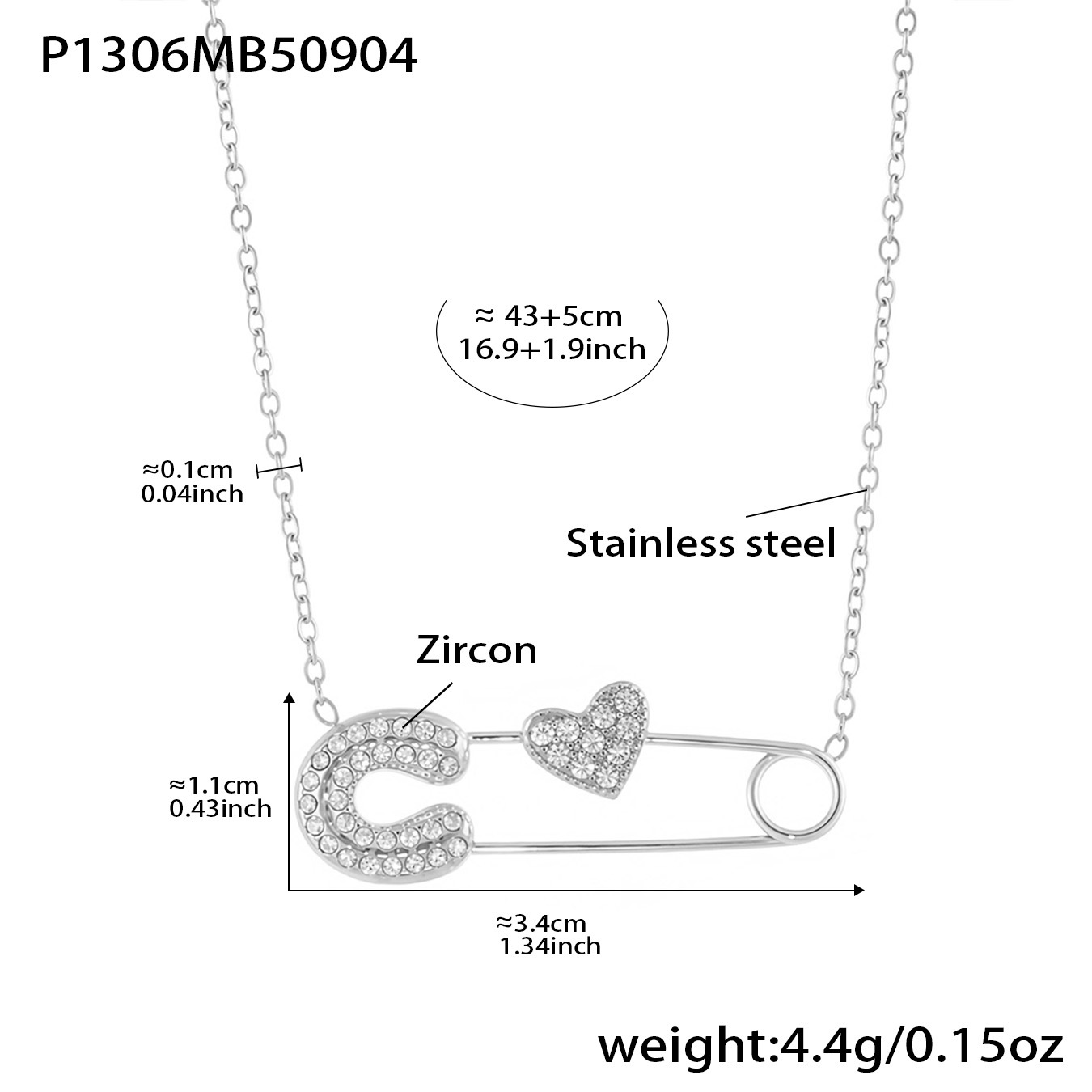 Steel-colored heart-shaped paperclip zircon neckla