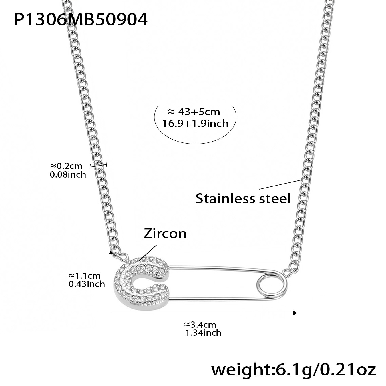 4:Steel-colored paperclip zircon necklace