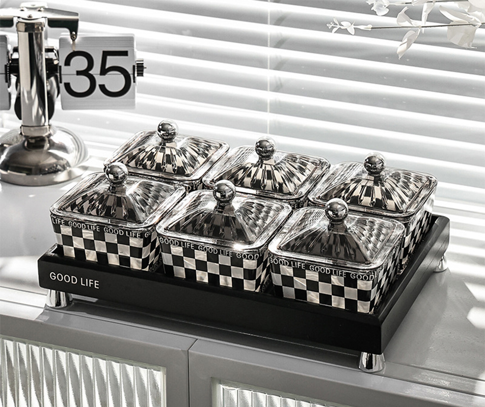 Black bamboo support-set of six with cover (glass checkerboard)