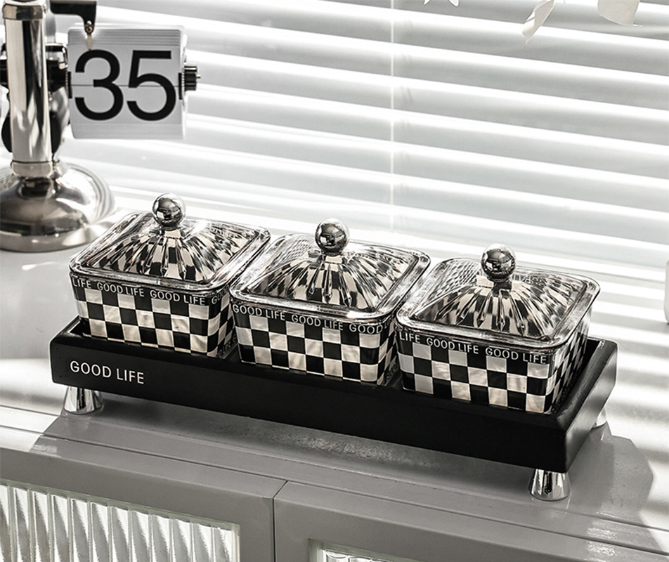 Black bamboo support-set of three with cover (glass checkerboard)