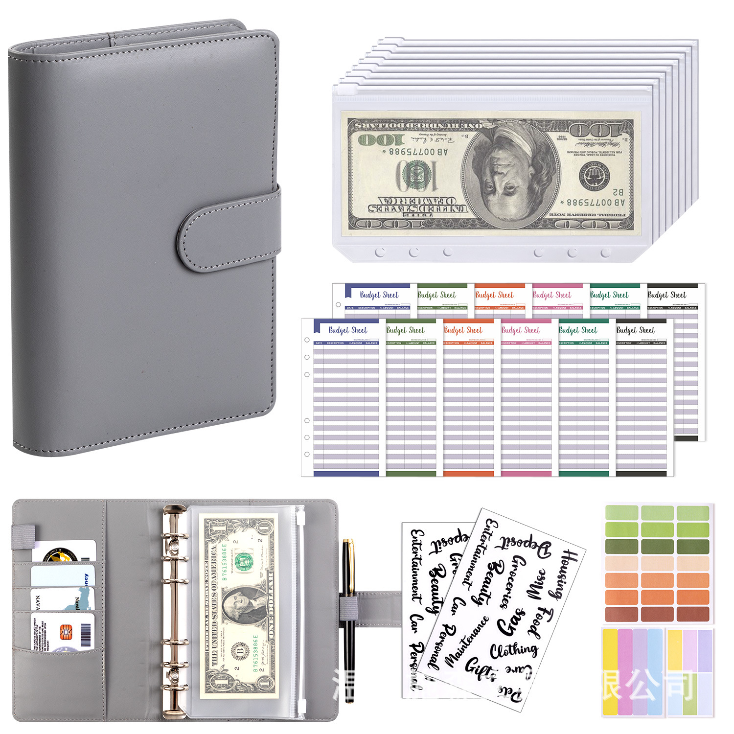 Gray (shell)   8 zipper bags   a6 cash budget cards (12 cards)   2 english stickers   labels
