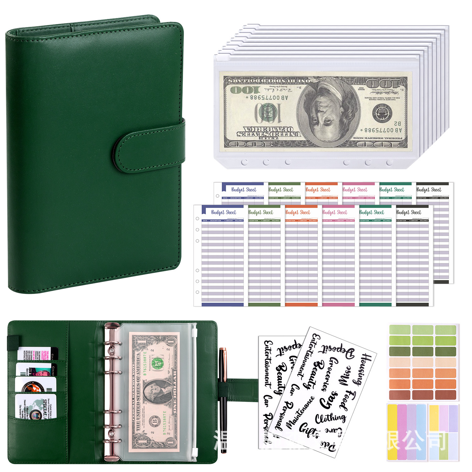 Dark green (shell)   8 zipper bags   a6 cash budget cards (12 cards)   2 english stickers   labels