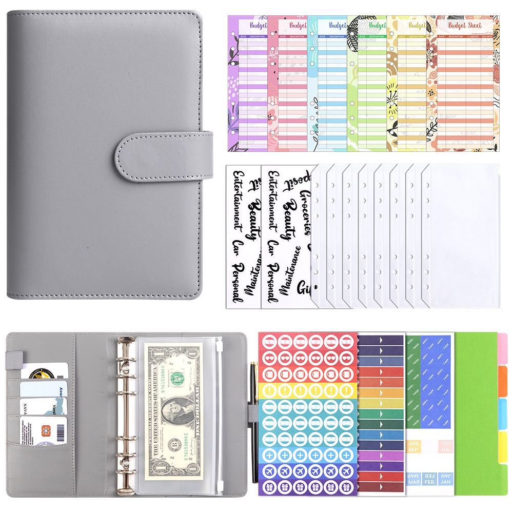 A6 Gray Cash Budget Card (12 sheets) Bills Bag 8 Transparent English Stickers 2 A6 Divider 1 Set DIY Sticker Pack 3 sheets