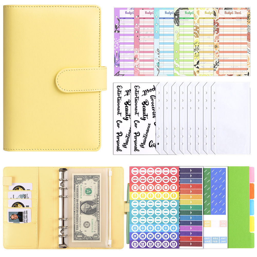 A6 Yellow Cash Budget Card (12) Bills Bag 8 Transparent English Stickers 2 A6 Divider 1 Set of DIY Sticker Pack 3
