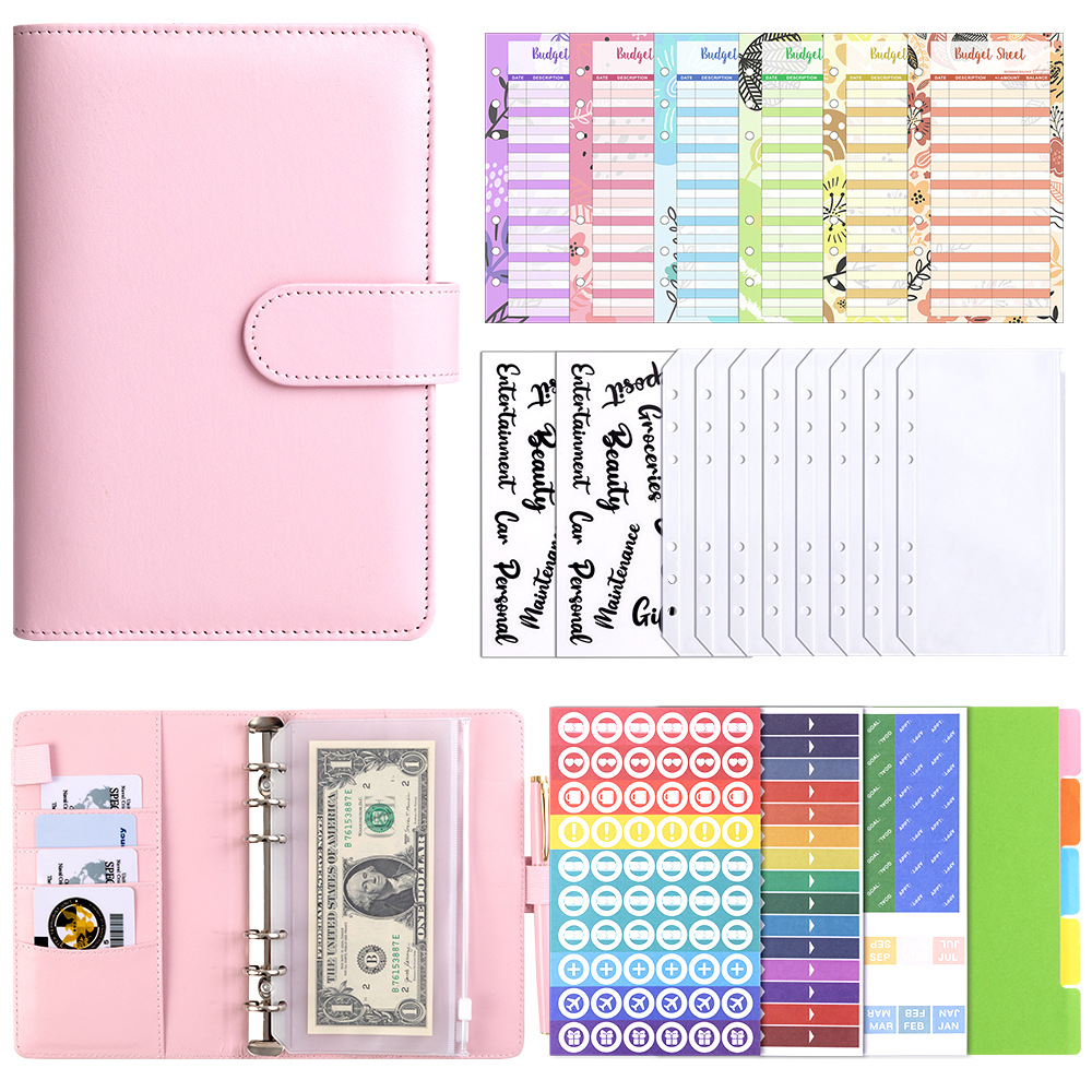 A6 Pink Cash Budget Card (12) Bills Bag 8 Transparent English Stickers 2 A6 Divider 1 Set of DIY Sticker Pack 3
