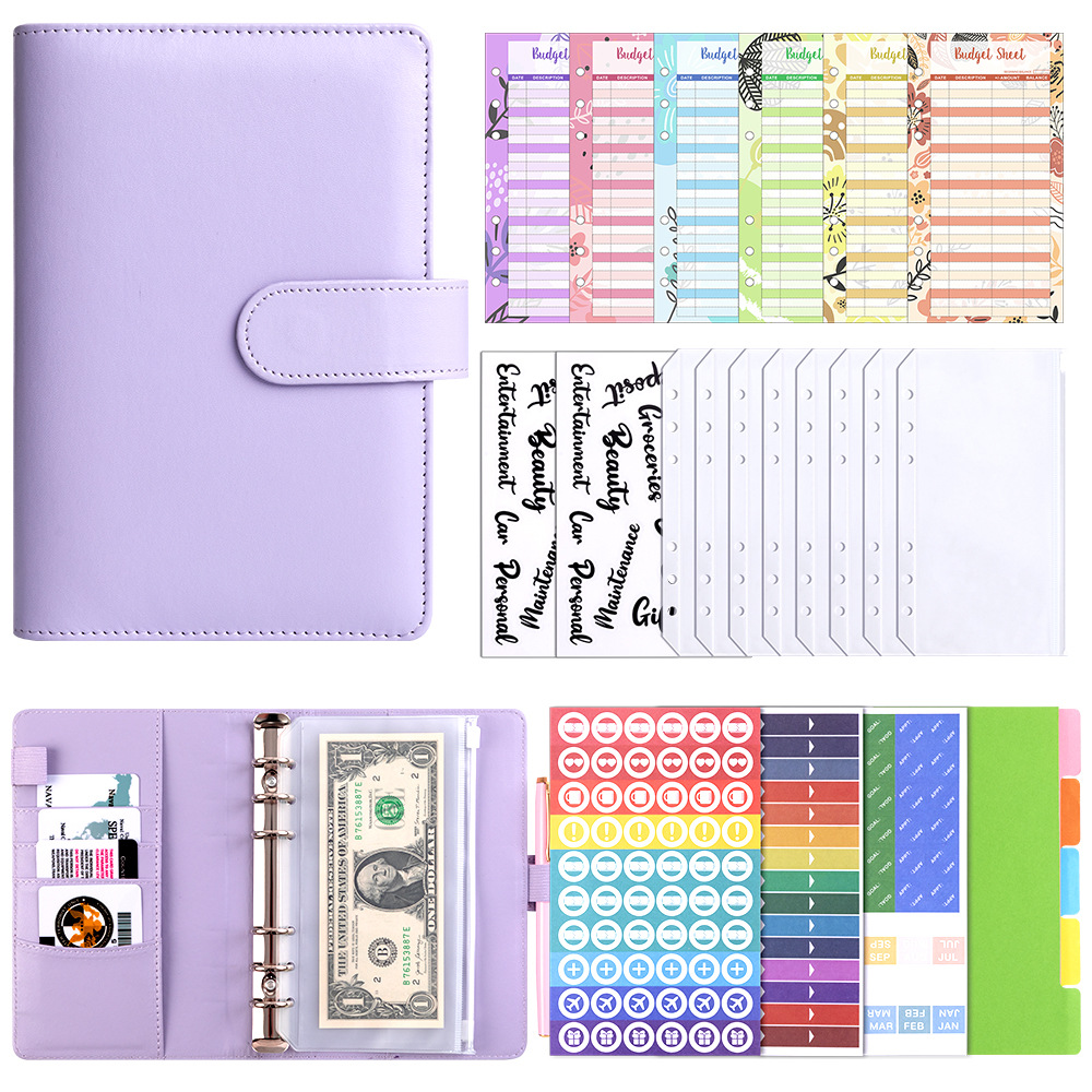 A6 Purple Cash Budget Card (12) Bills Bag 8 Transparent English Stickers 2 A6 Divider 1 Set of DIY Sticker Pack 3