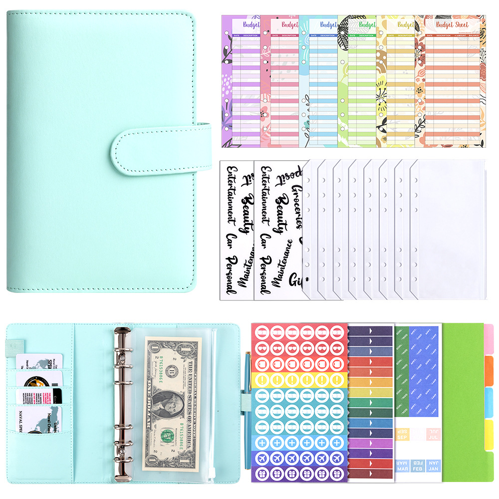 A6 Blue Cash Budget Card (12 sheets) Bills Bag 8 Transparent English Stickers 2 A6 Divider 1 Set of DIY Sticker Pack 3 sheets