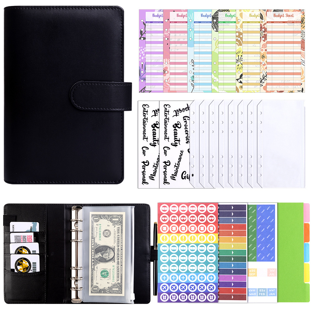 A6 Black Cash Budget Card (12) Bills Bag 8 Transparent English Stickers 2 A6 Divider 1 Set DIY Sticker Pack 3