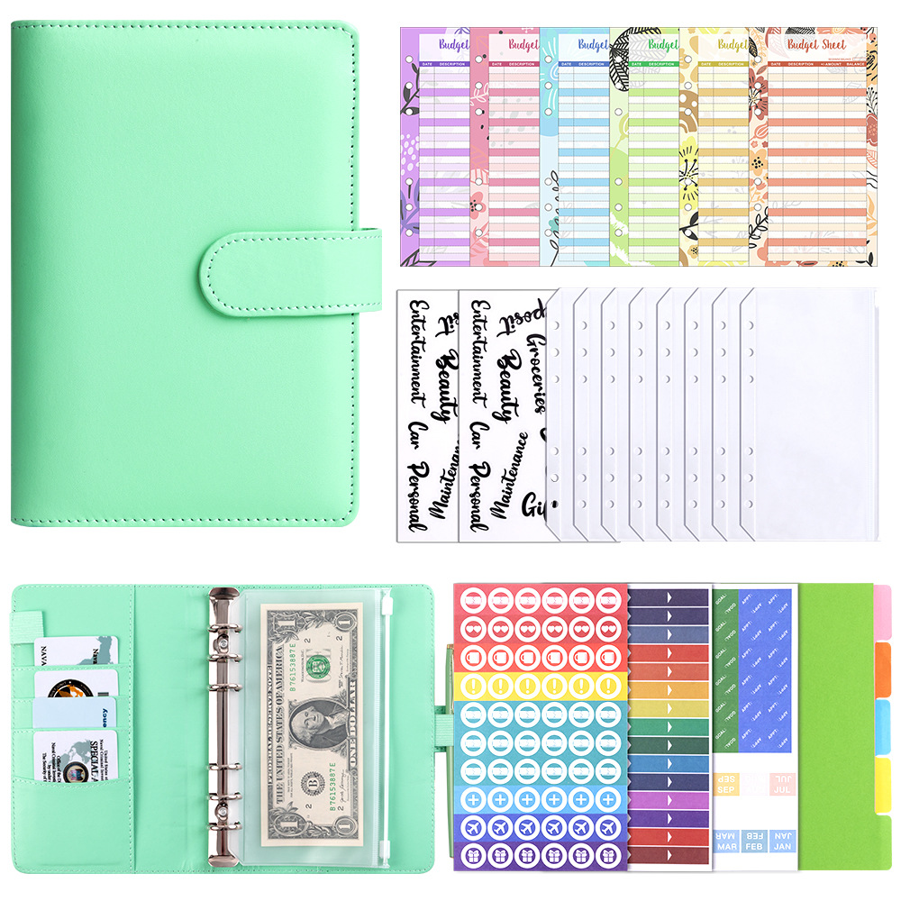 A6 Green Cash Budget Card (12) Bills Bag 8 Transparent English Stickers 2 A6 Divider 1 Set of DIY Sticker Pack 3