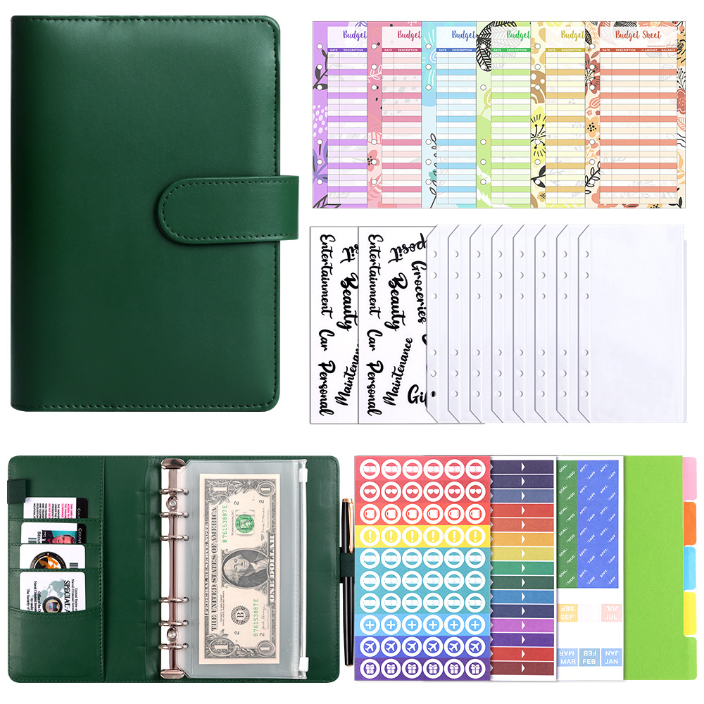 A6 dark green cash budget card (12 pieces) bill bag 8 English transparent stickers 2 A6 separator page 1 set of DIY sticker bag 3 pieces