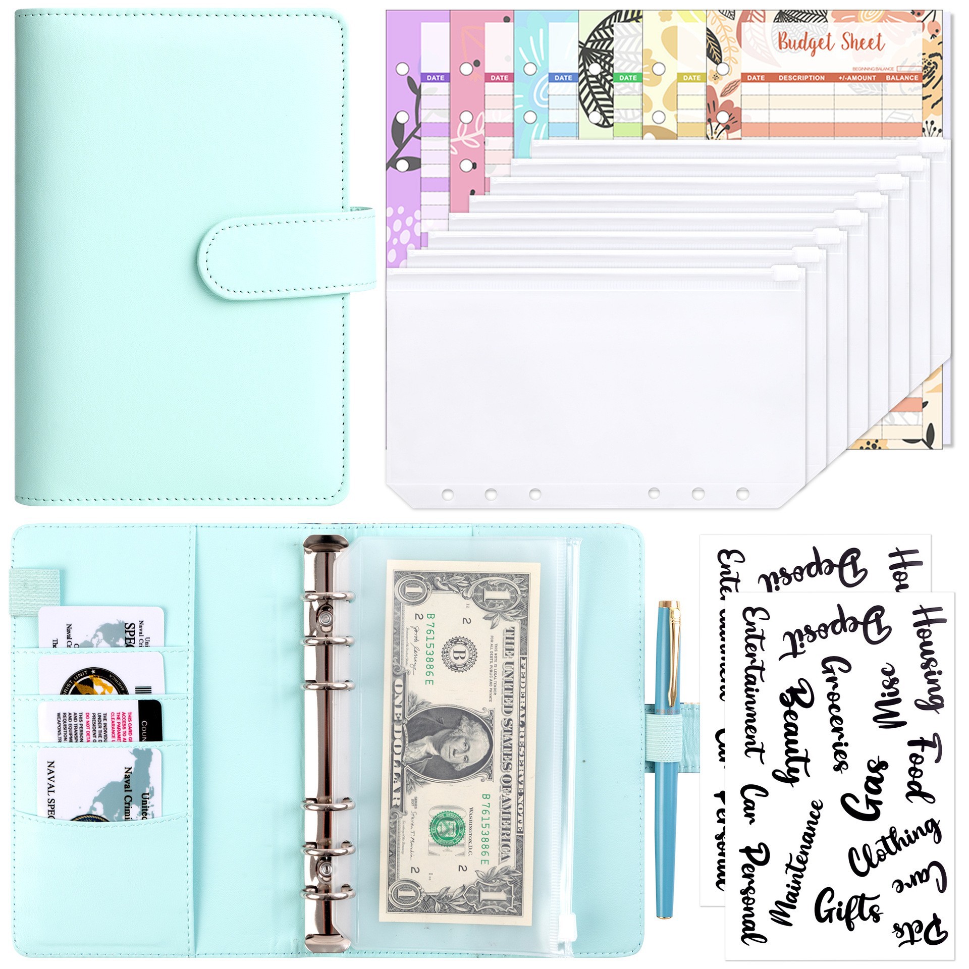 Fresh blue (shell) 8 zipper bags 12 budget cards 2 English stickers