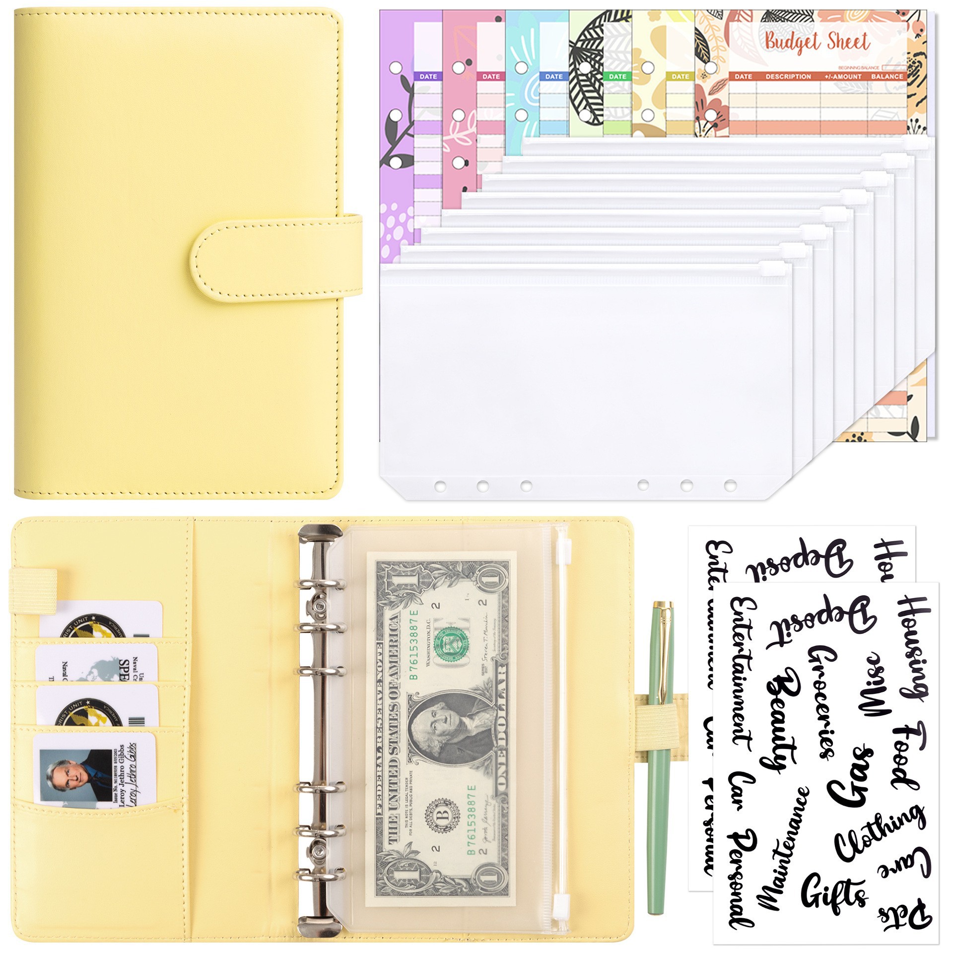 Yellow (shell) 8 zipper bags 12 budget cards 2 English stickers