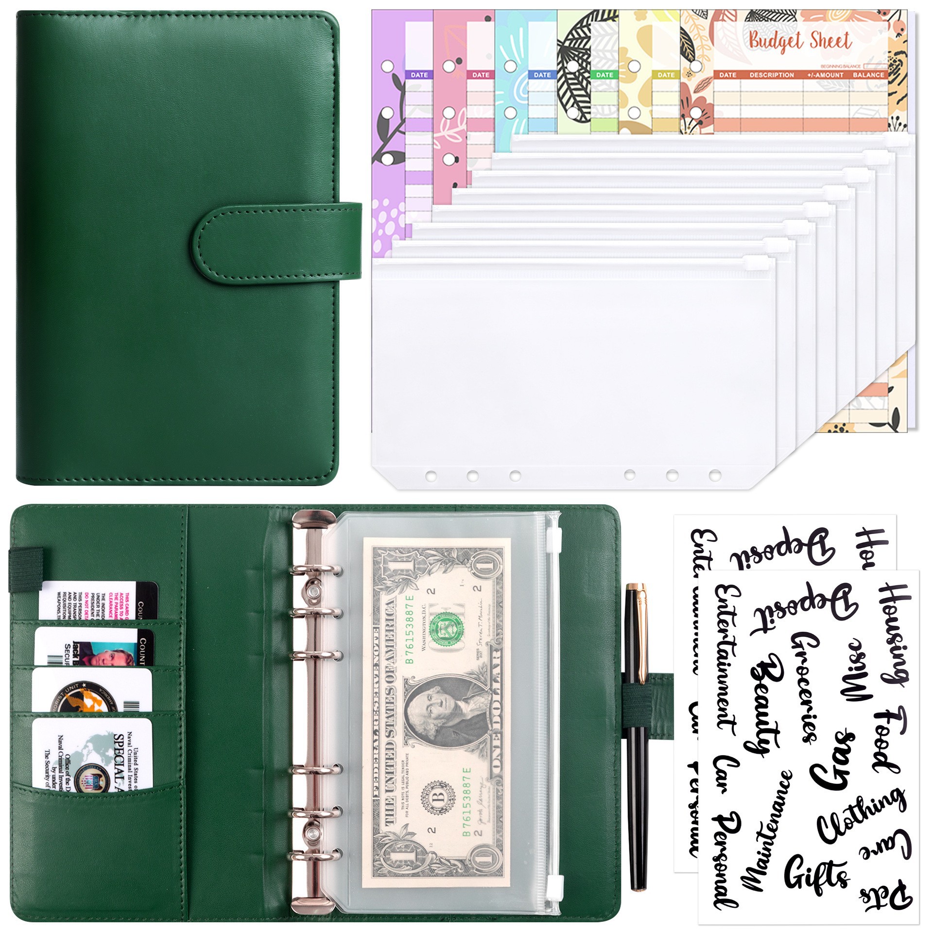 Dark green (shell) 8 zipper bags 12 budget cards 2 English stickers