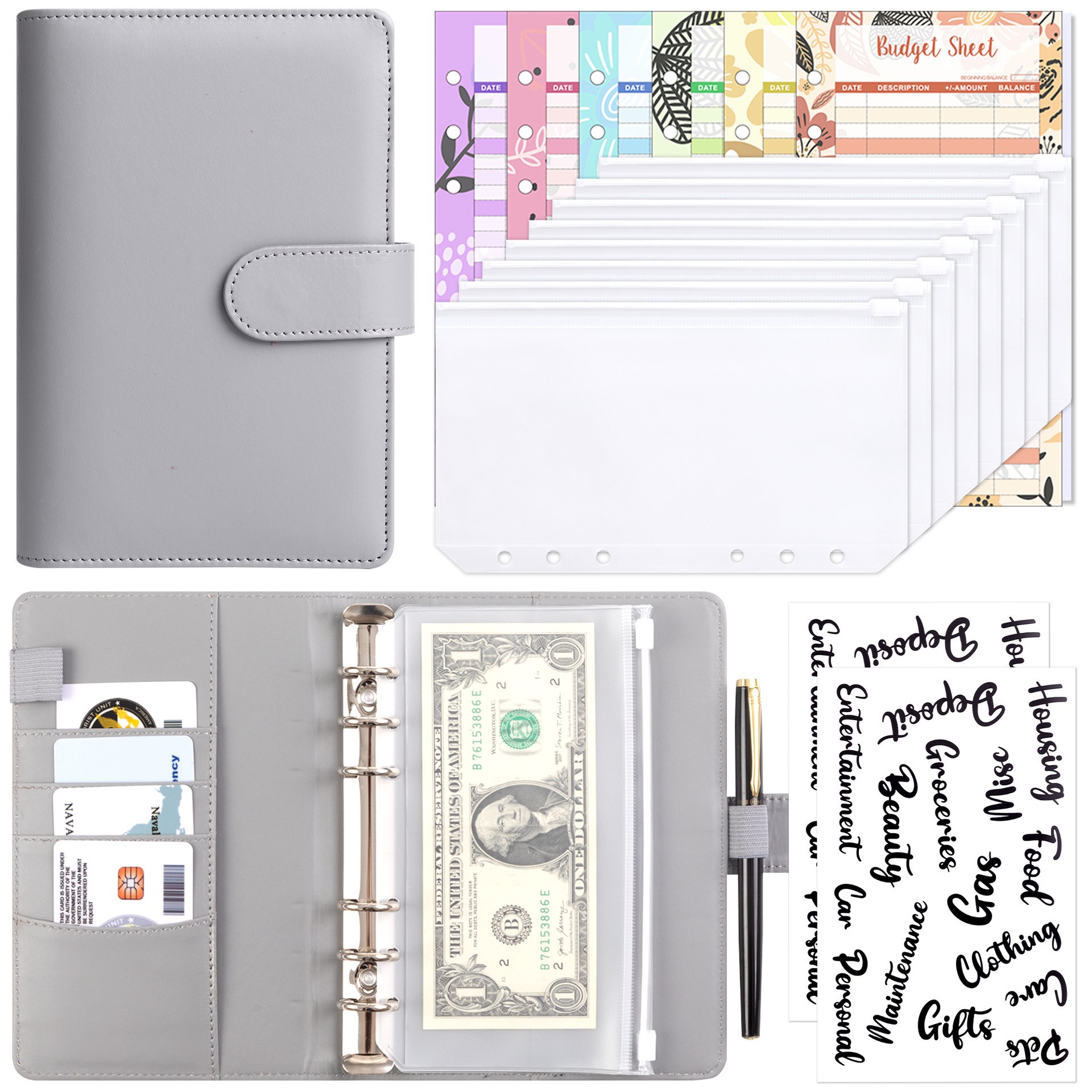 Grey (shell) 8 zipper bag 12 budget card 2 English stickers