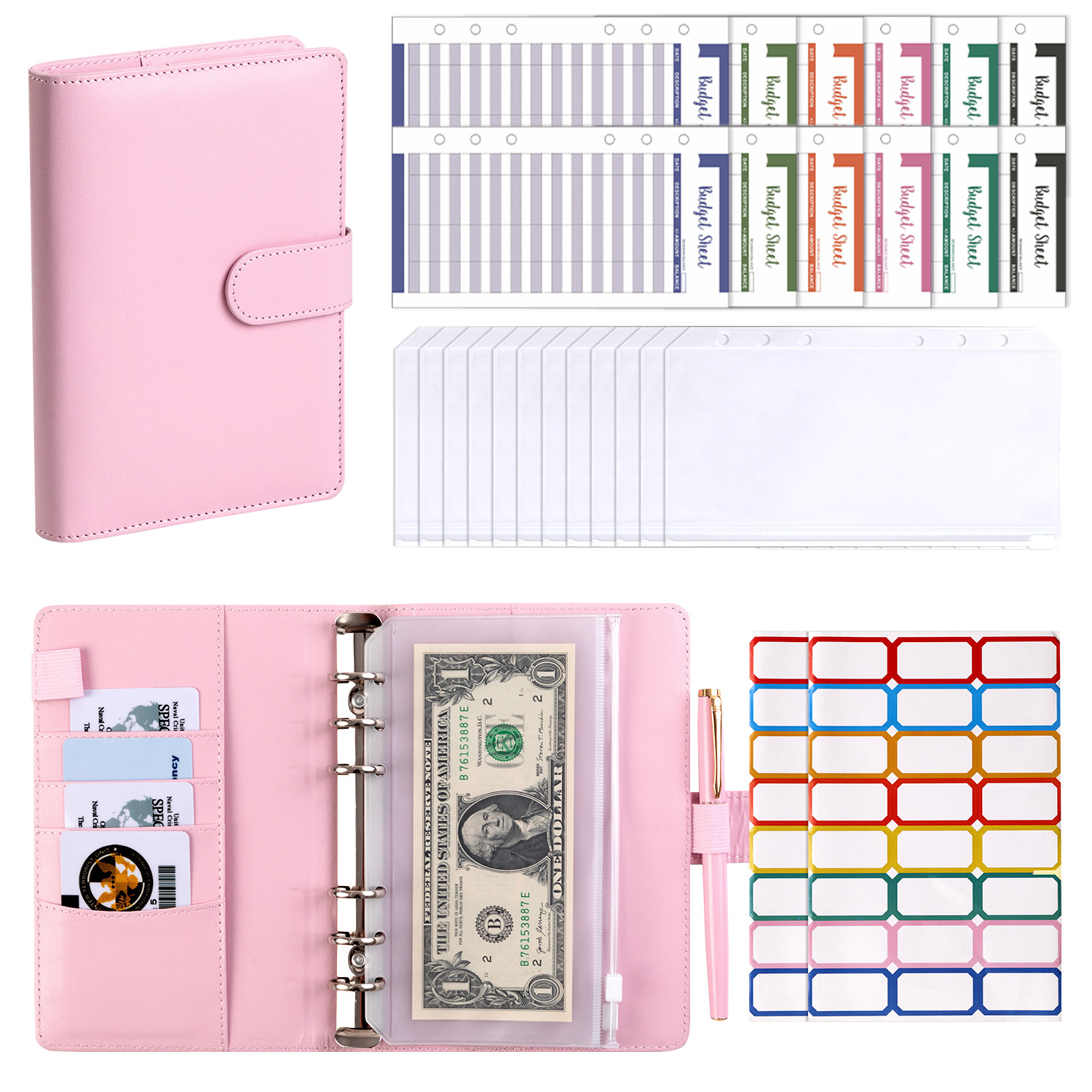 Pink (Shell) 12 Budget Cards 12 Zipper Bag Post-it Notes