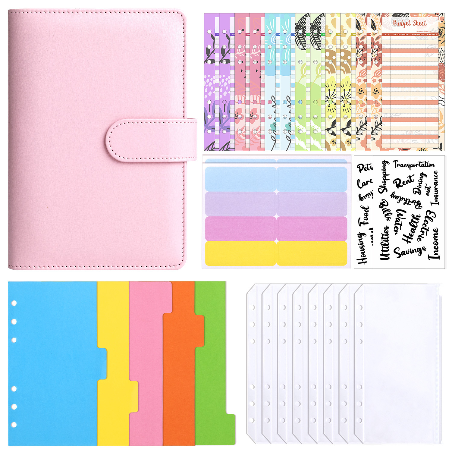 Pink (shell) cash budget card (12) 8 zipper bags English transparent stickers 2 A6 separator 1 set of note stickers