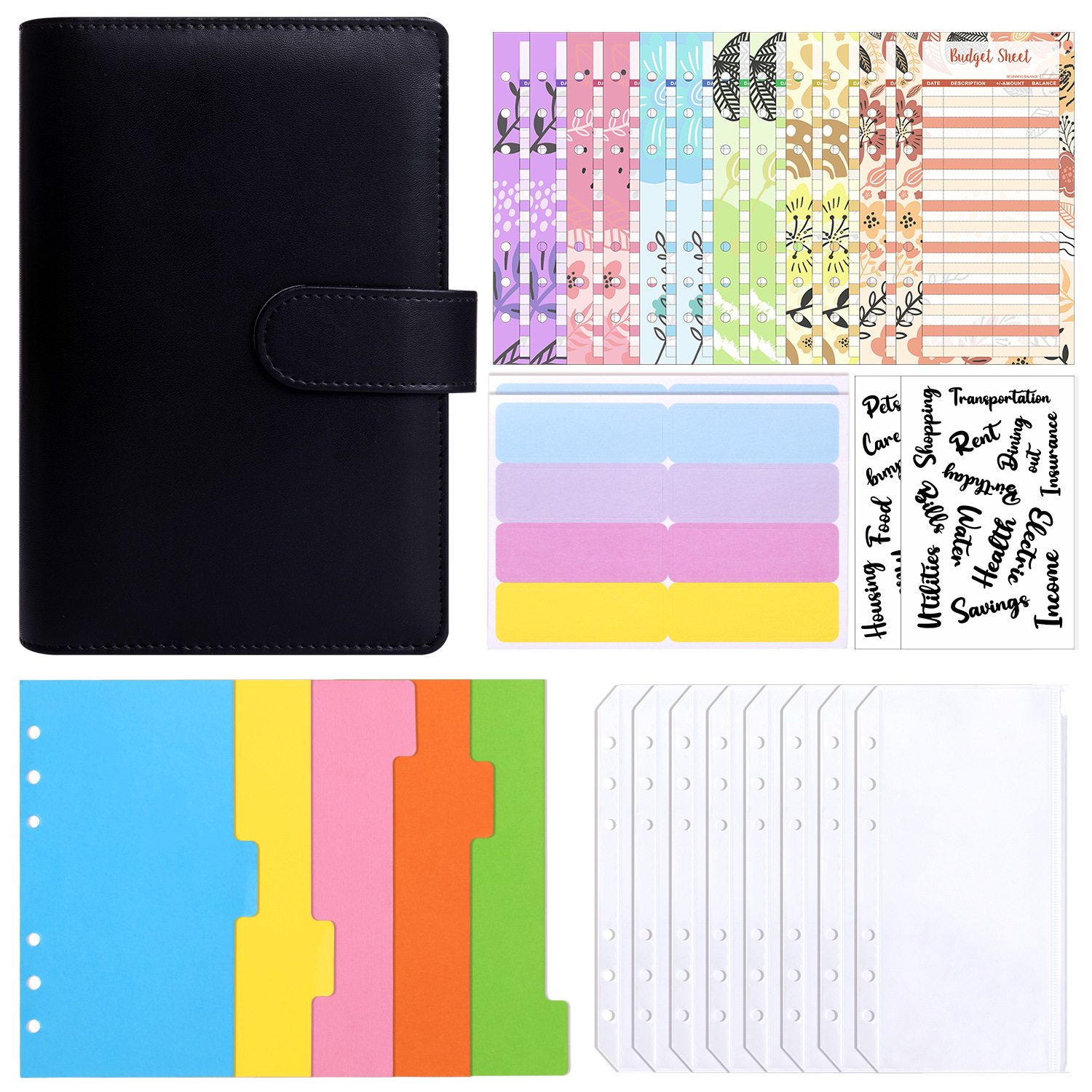 Black (shell) cash budget card (12) 8 zipper bags English transparent stickers 2 A6 separator 1 set of note stickers