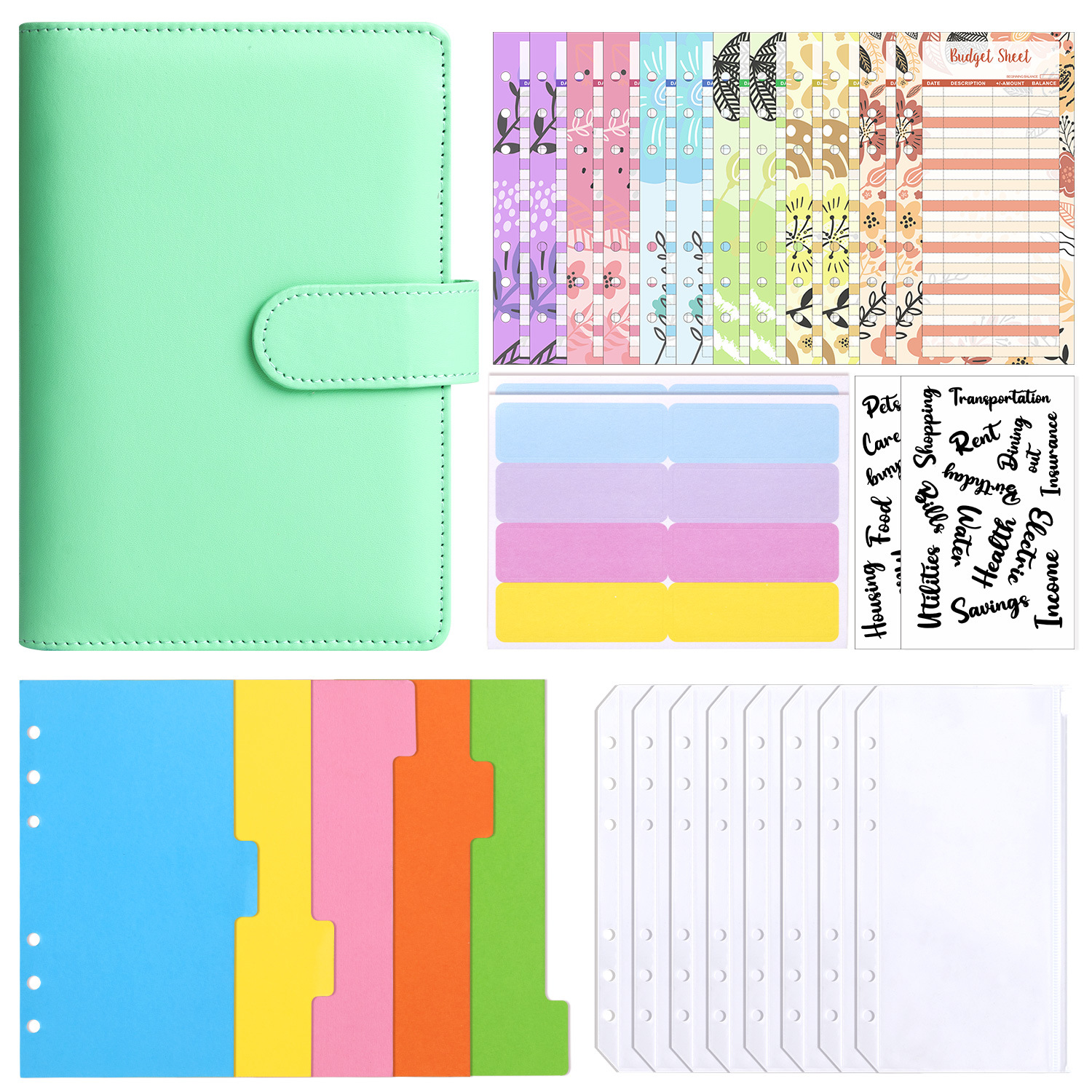 Green (shell) cash budget card (12) 8 zipper bags English transparent stickers 2 A6 separator 1 set of note stickers
