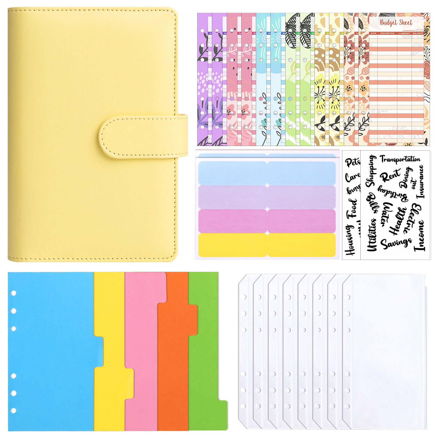 Yellow (shell) cash budget card (12) 8 zipper bags English transparent stickers 2 A6 separator 1 set of note stickers