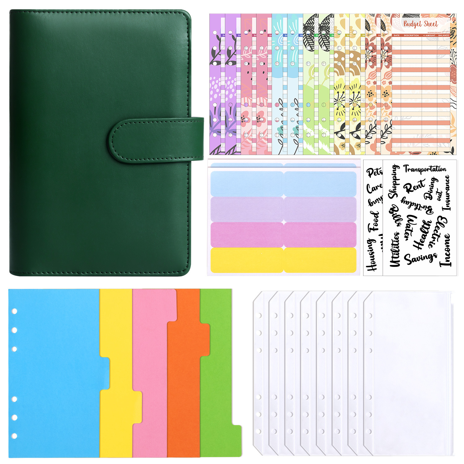 Dark green (shell) cash budget card (12) 8 zipper bags English transparent stickers 2 A6 separator 1 set of note stickers