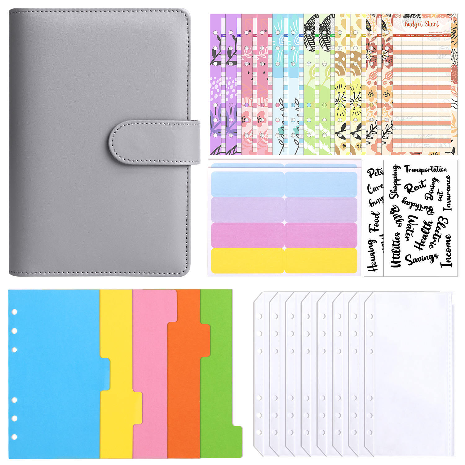 Gray (shell) cash budget card (12) 8 zipper bag English transparent stickers 2 A6 separator 1 set of note stickers