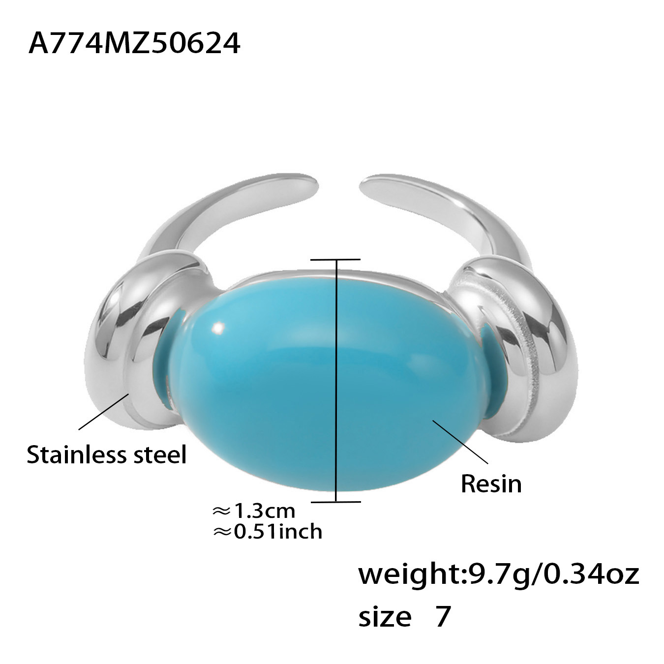 4:A774-steel color sky blue resin ring