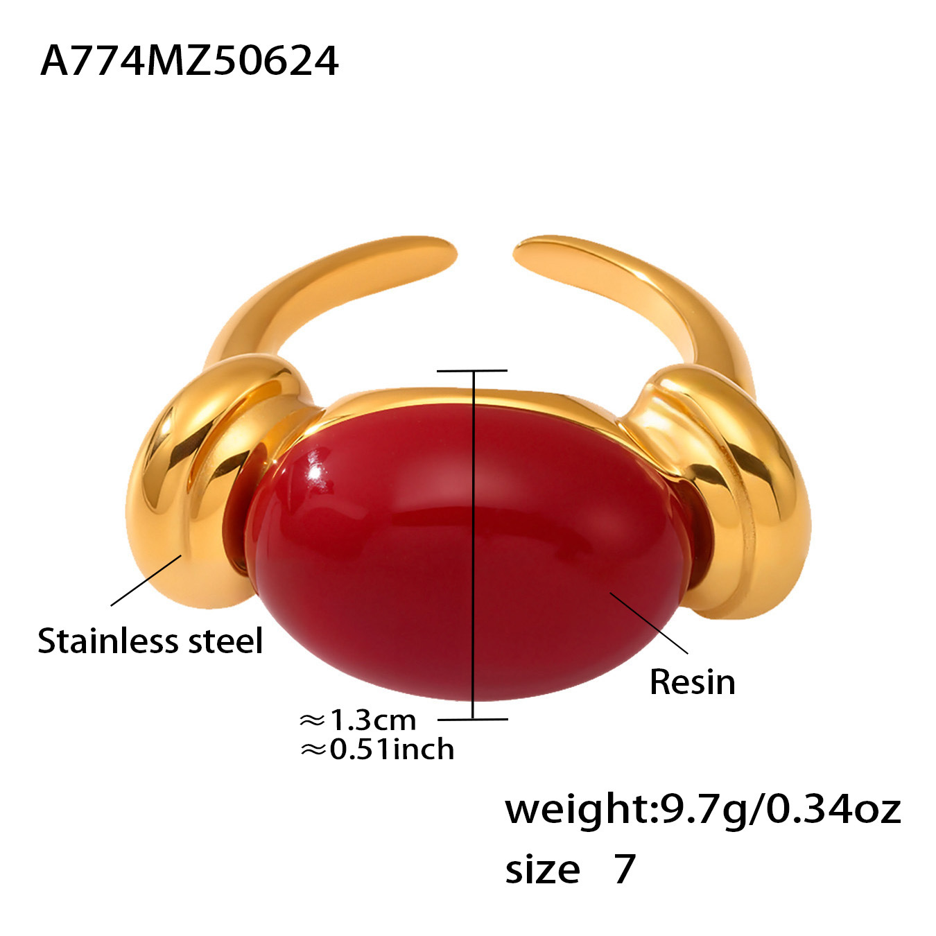 7:A774-gold red resin ring