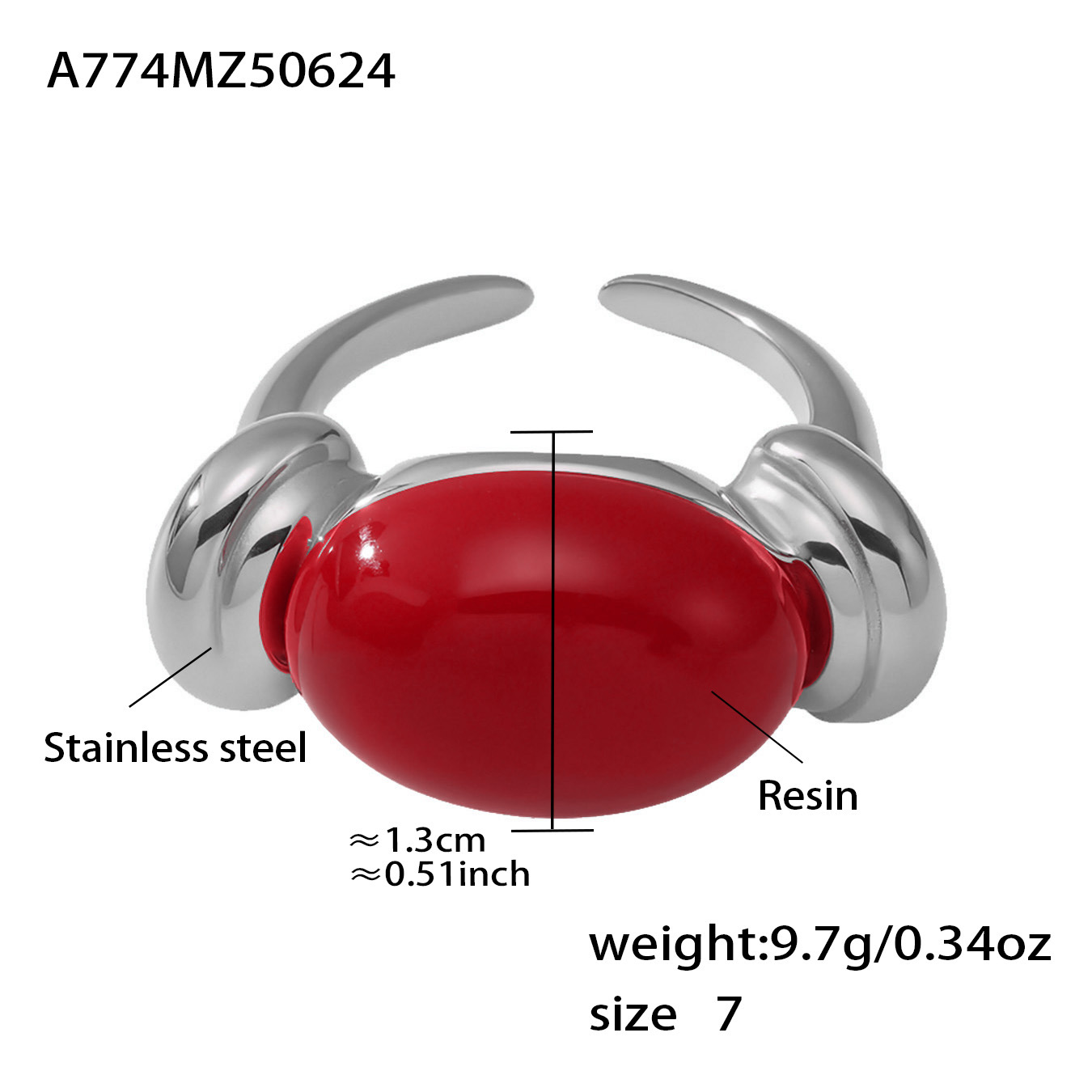 8:A774-steel color red resin ring