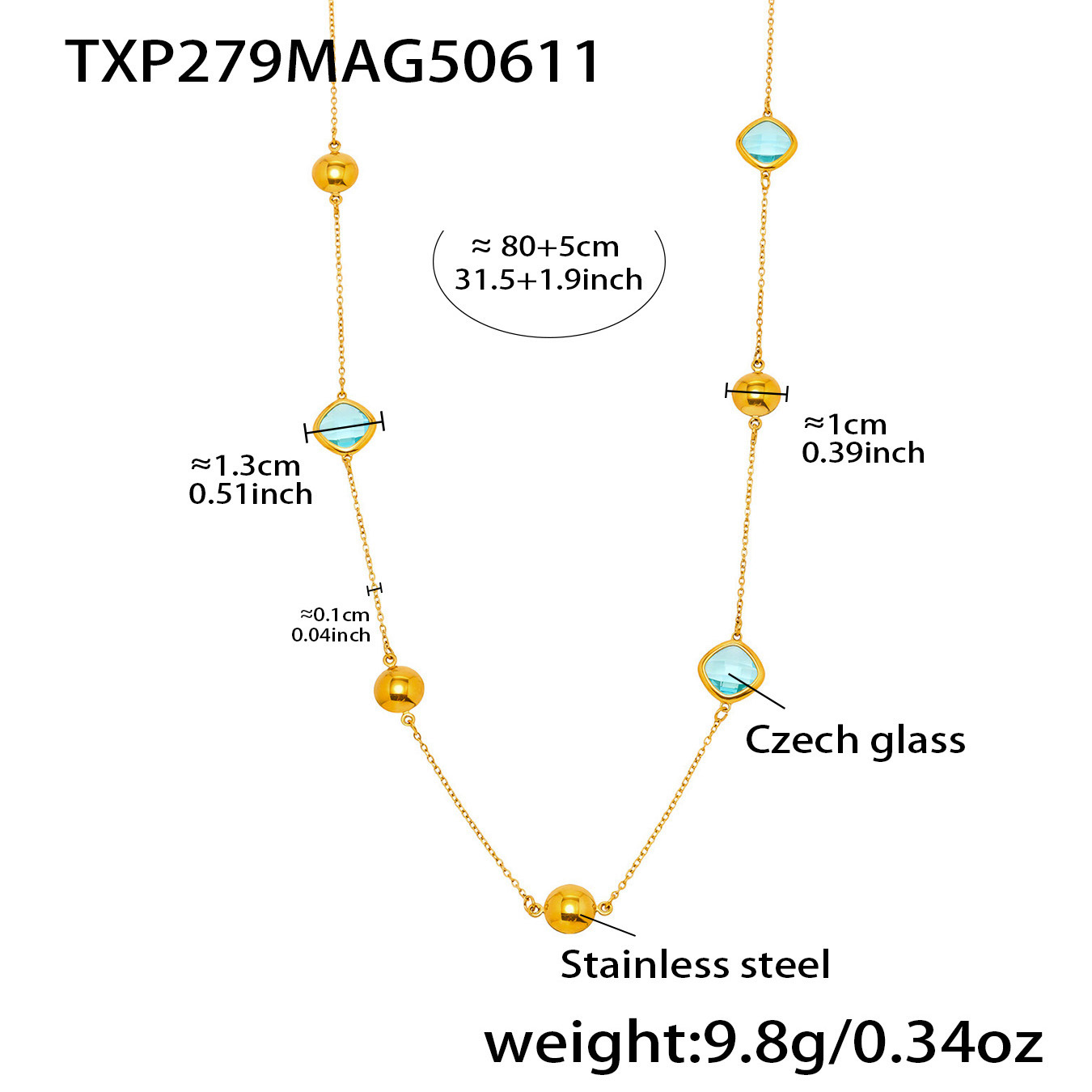 Txp279-gold blue glass stone necklace 80+5cm