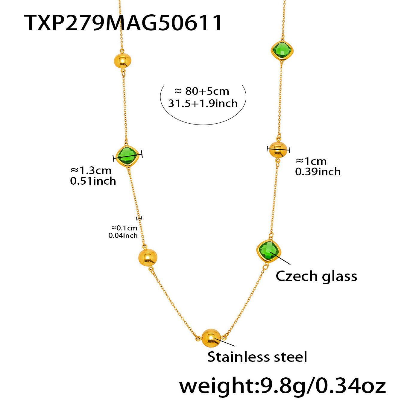 2:Txp279-gold green glass stone necklace 80+5cm
