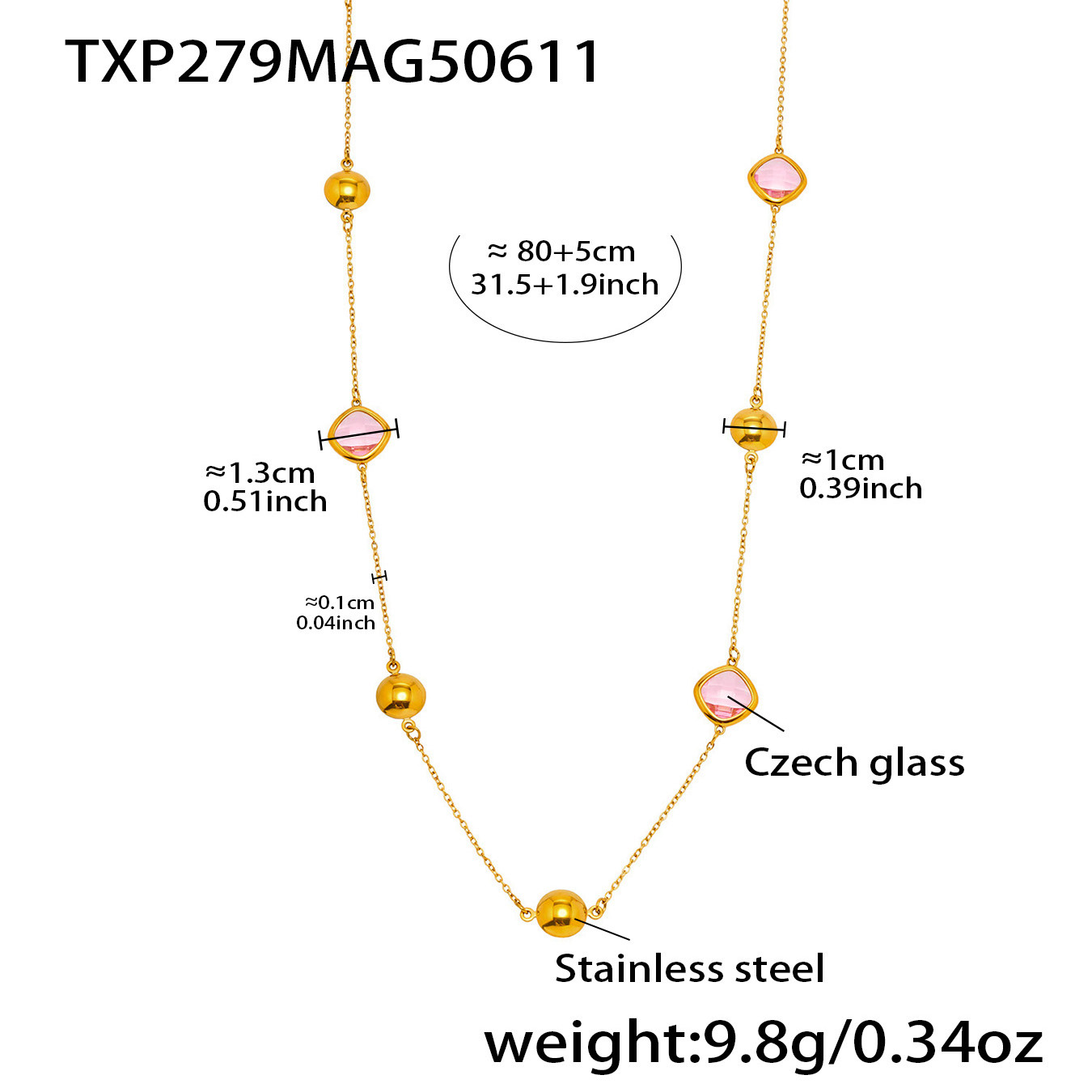 5:Txp279-gold pink glass stone necklace 80+5cm