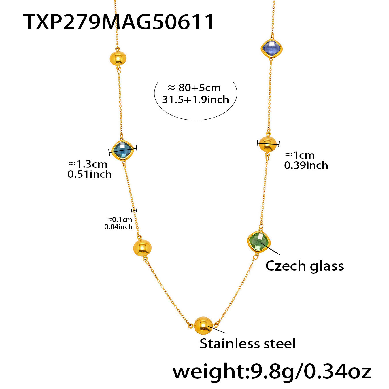 6:Txp279-gold mixed glass stone necklace 80+5cm