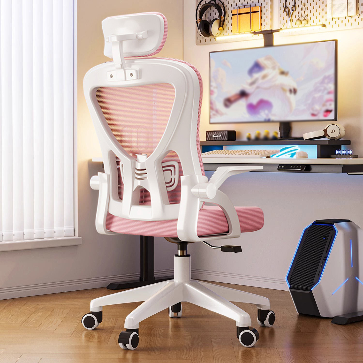 White frame pink mesh   3d headrest nylon rotation