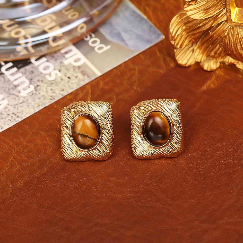 Golden tiger's eye geometric ear studs
