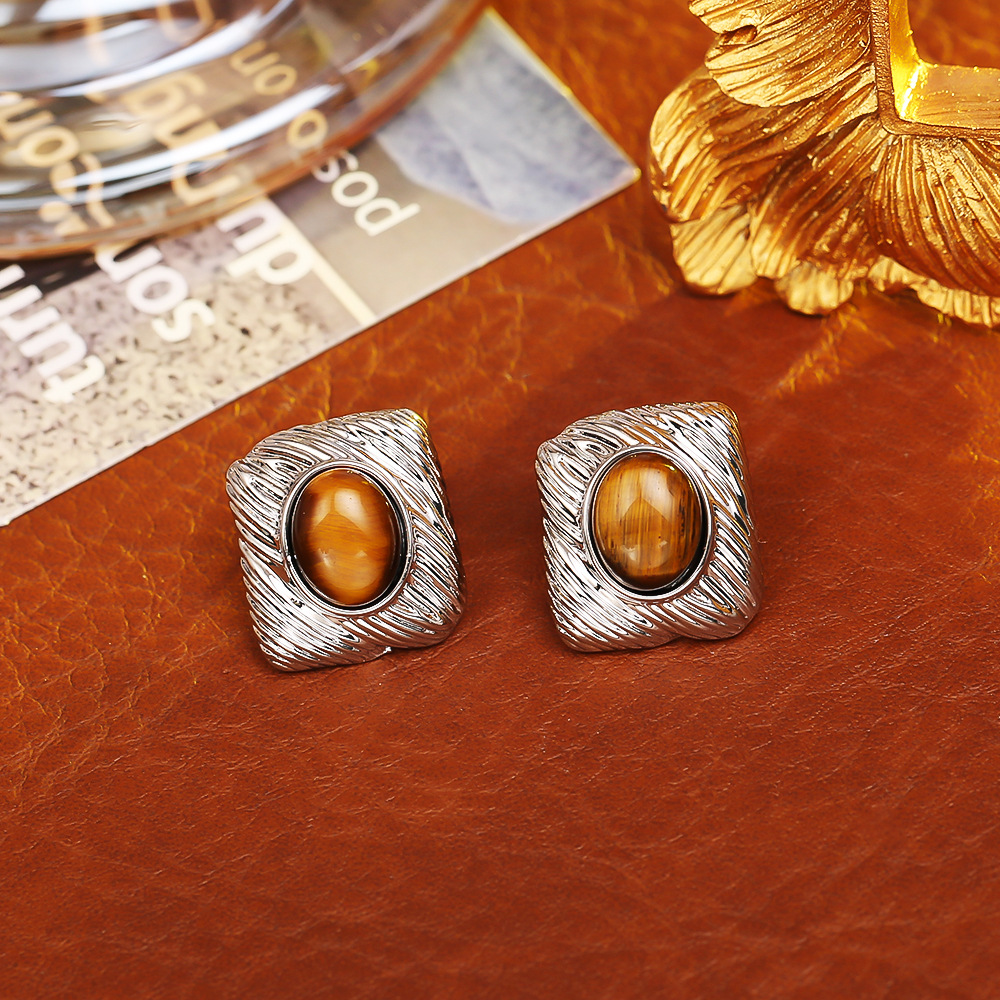 2:Silver tiger eye stone geometric earrings