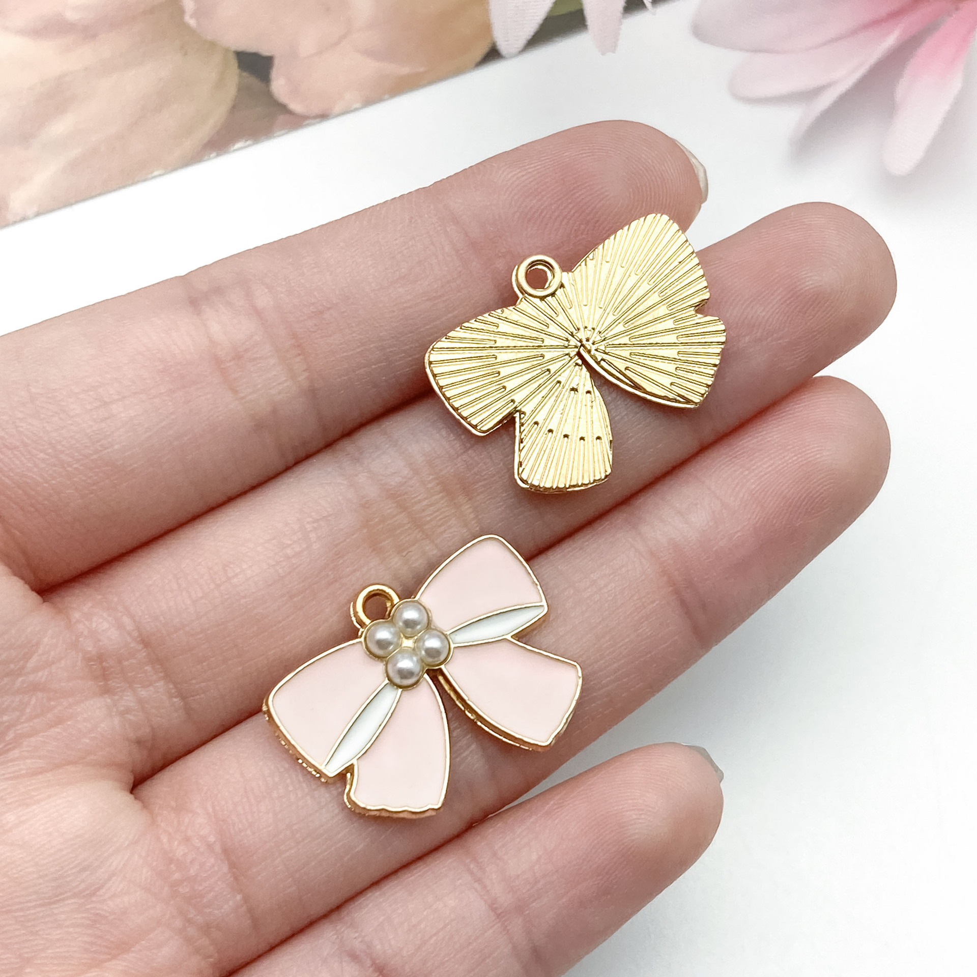 11:23157-1 kc gold pink oil dripping zinc alloy pearl bow 22×17mm-1.7g