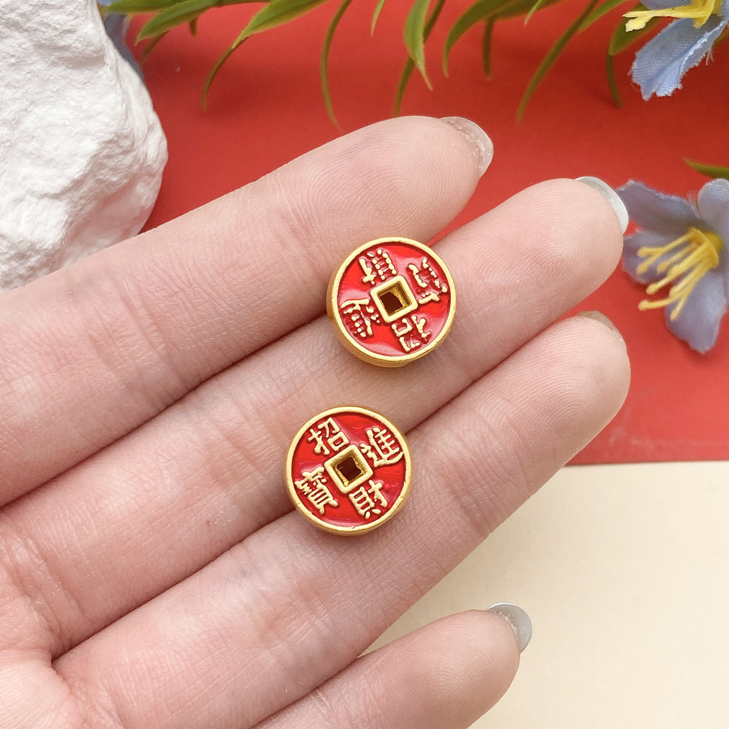 7:22660-1 12x12mm-3g-hole 3 red dripping oil ancient gold matte gold double-sided bring in wealth and treasure spacer beads