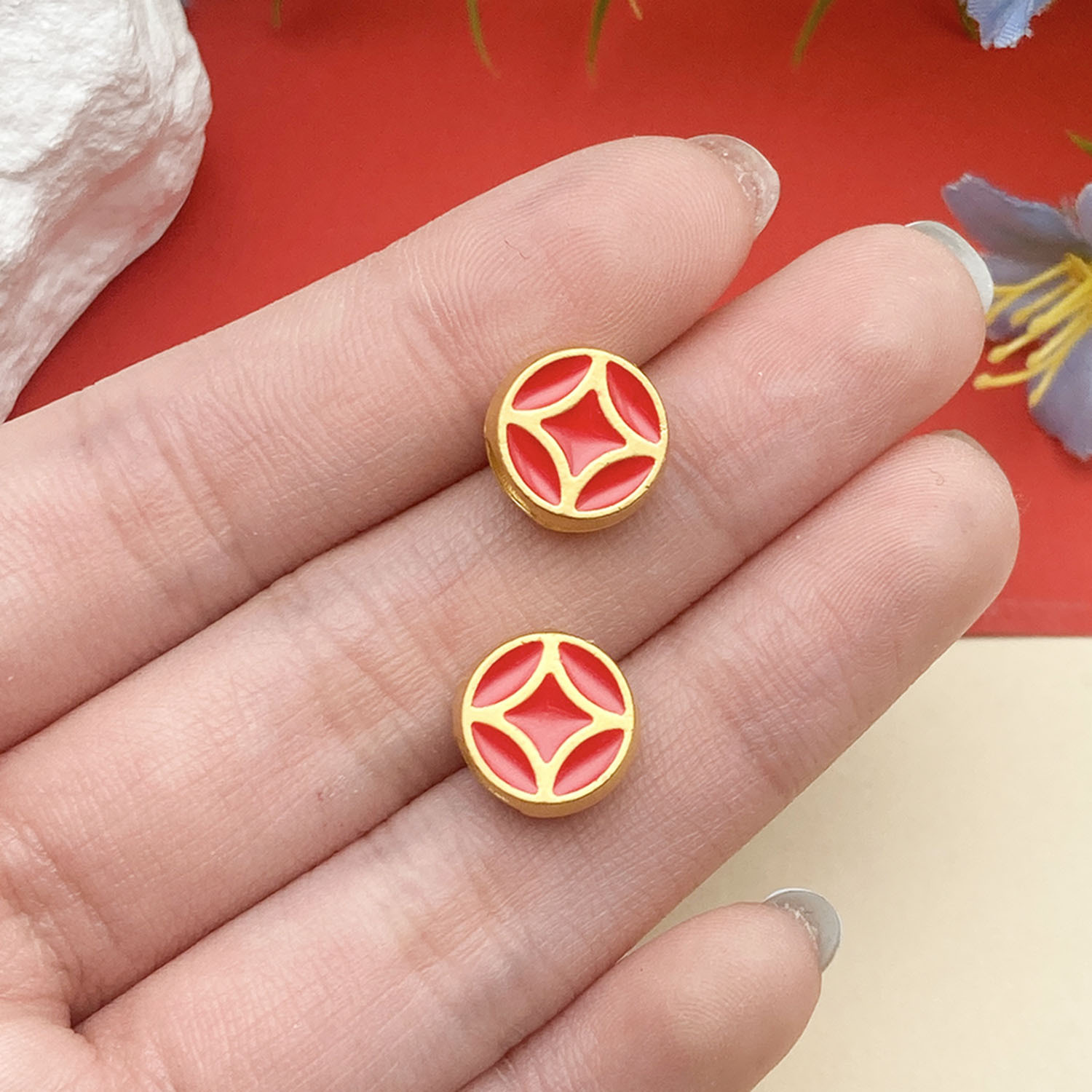 13:22703-1 11x10mm-1.85g-hole 5 red dripping oil ancient gold matte gold copper coin large hole spacer beads