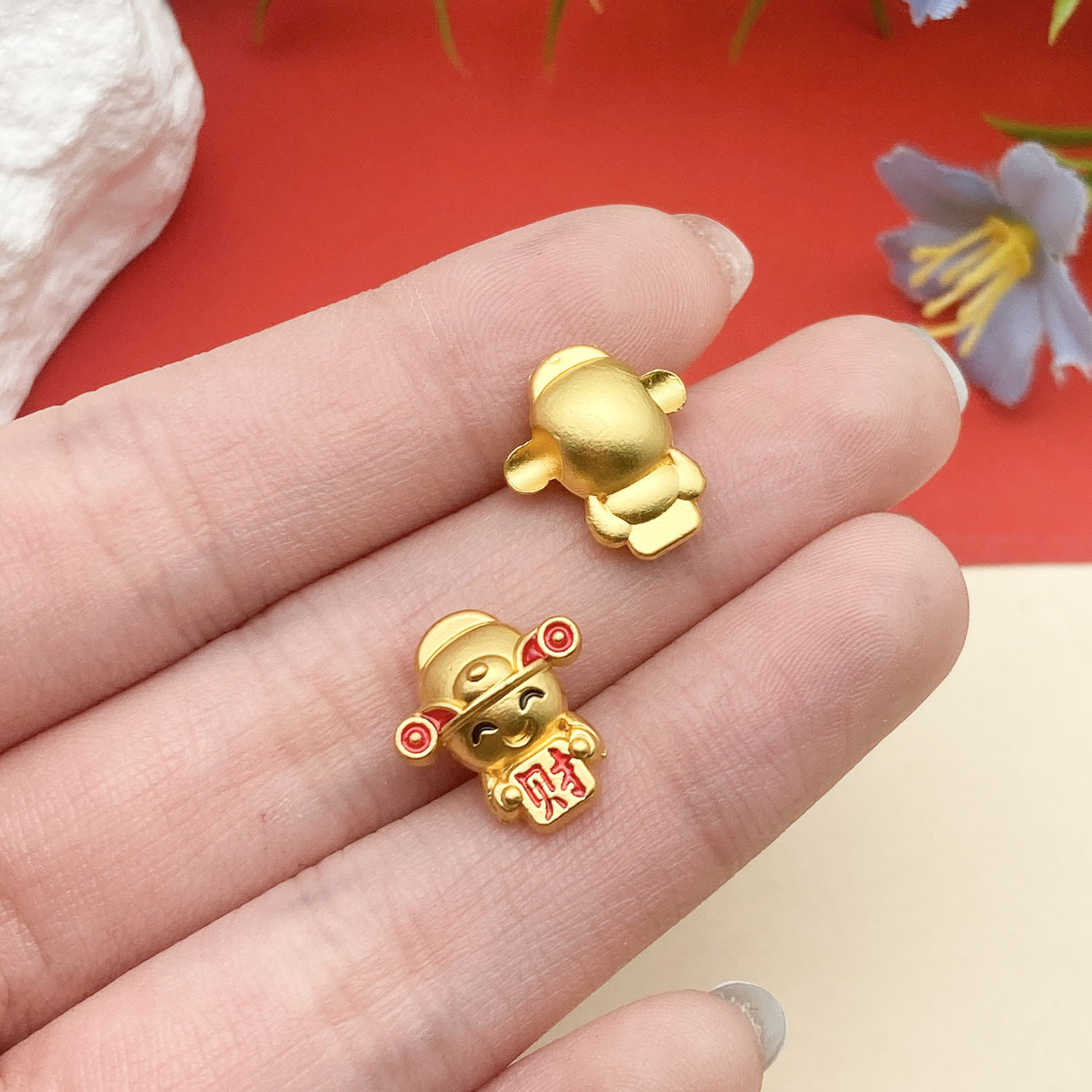 14:22718-1 14x12mm-1.75g-hole 3 red dripping oil ancient gold matte gold fortune word god of wealth large hole spacer beads