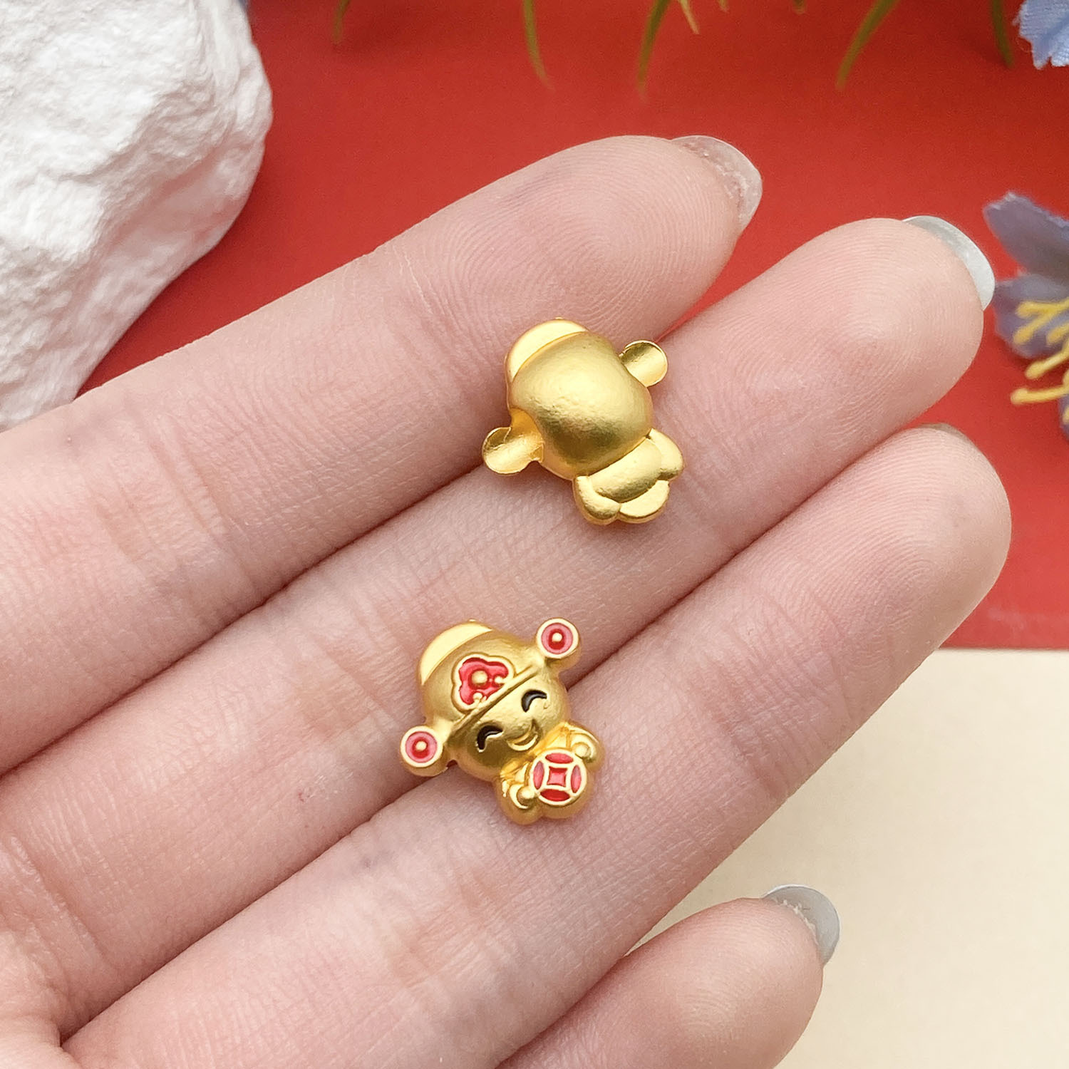 15:22719-1 14x12mm-1.6-hole 3 red dripping oil ancient gold matte gold copper money god large hole spacer beads