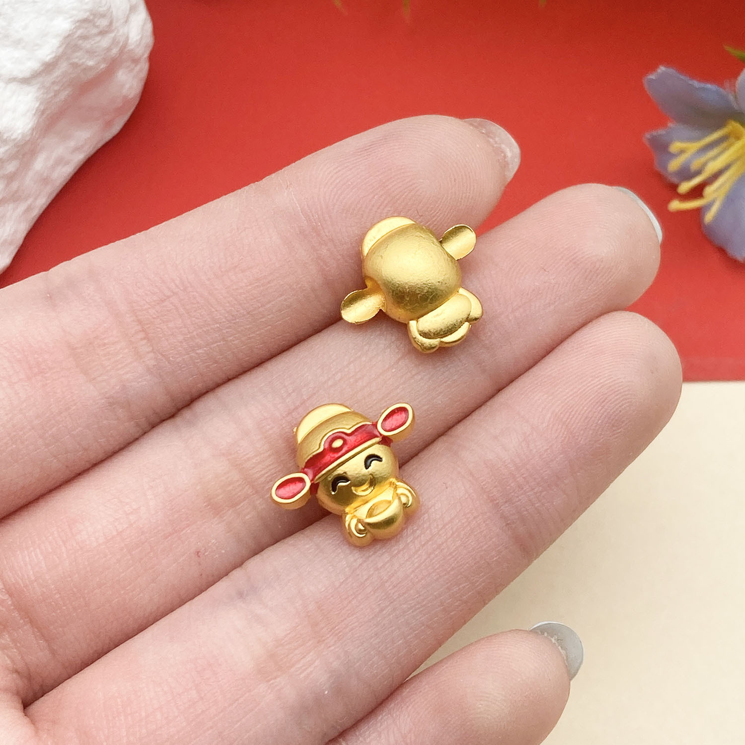 16:22720-1 14x12mm-1.55g-hole 3 red dripping oil ancient gold matte gold ingot god of wealth large hole spacer beads