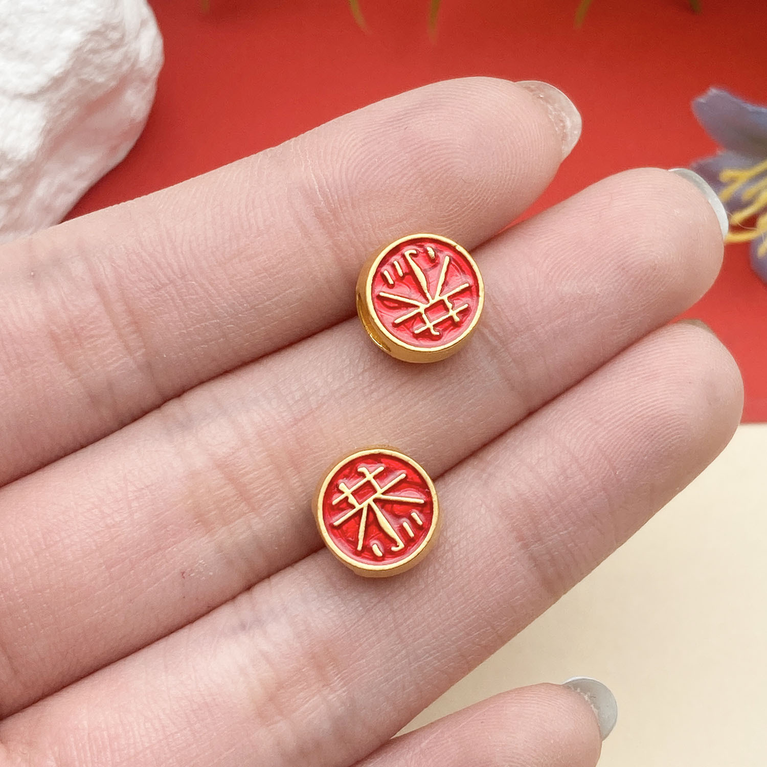 17:22721-1 10x9mm-1.25g-hole 5 red dripping oil ancient gold matte gold big hole spacer beads