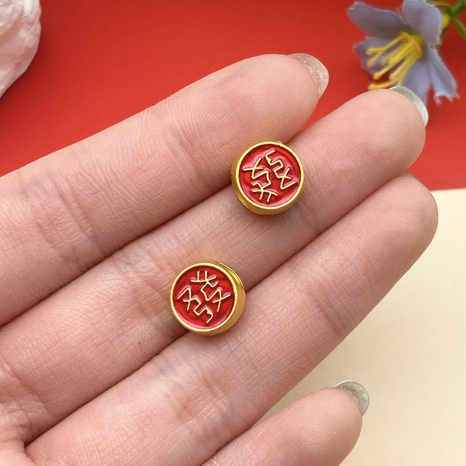 19:22723-1 10x9mm-1.3g-hole 5 red dripping oil ancient gold matte gold hair word large hole spacer beads