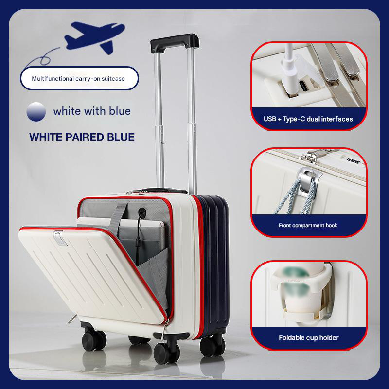 White with blue [multi-purpose open box with bag hanging in front]