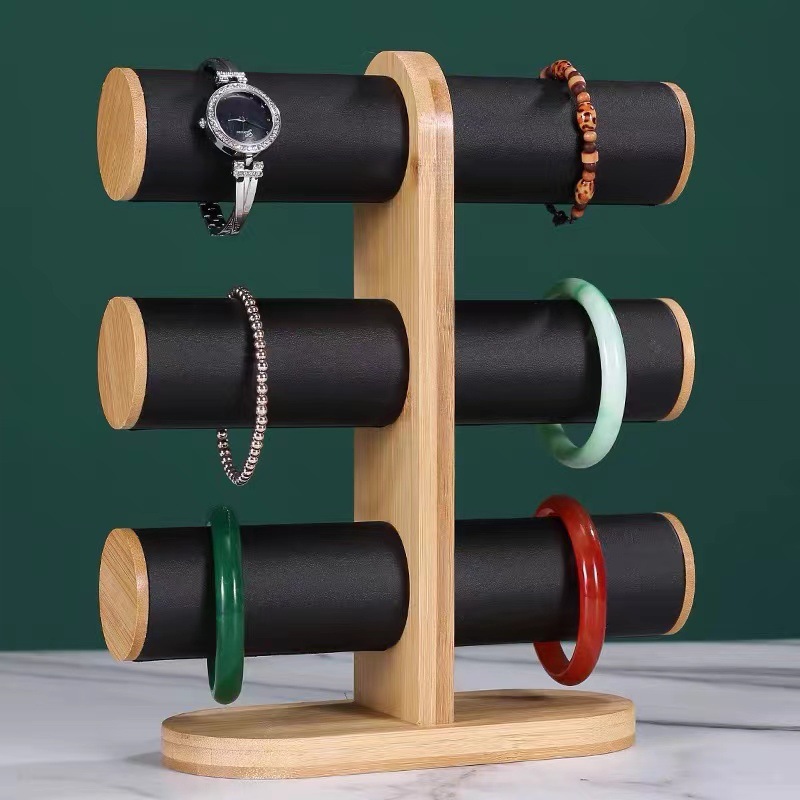 2:Black Leather Bamboo Lid Standing Triple-Layer Bracelet Stand