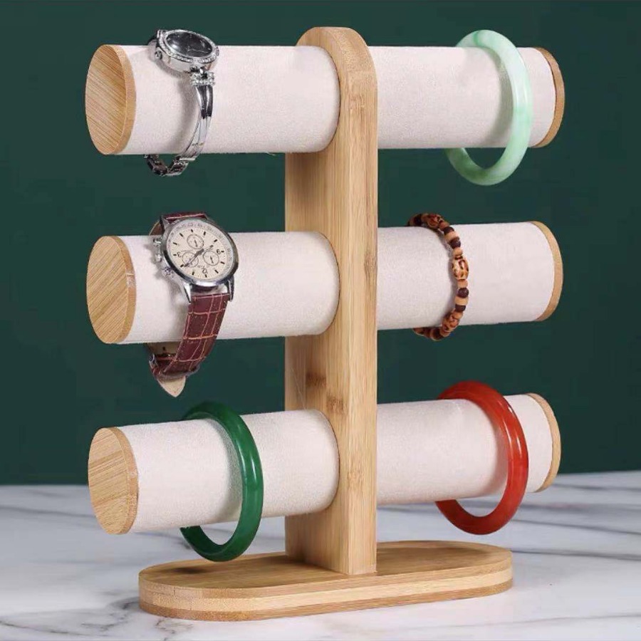3:Bamboo Lid Standing Triple-Layer Bracelet Stand (Millet Velvet)