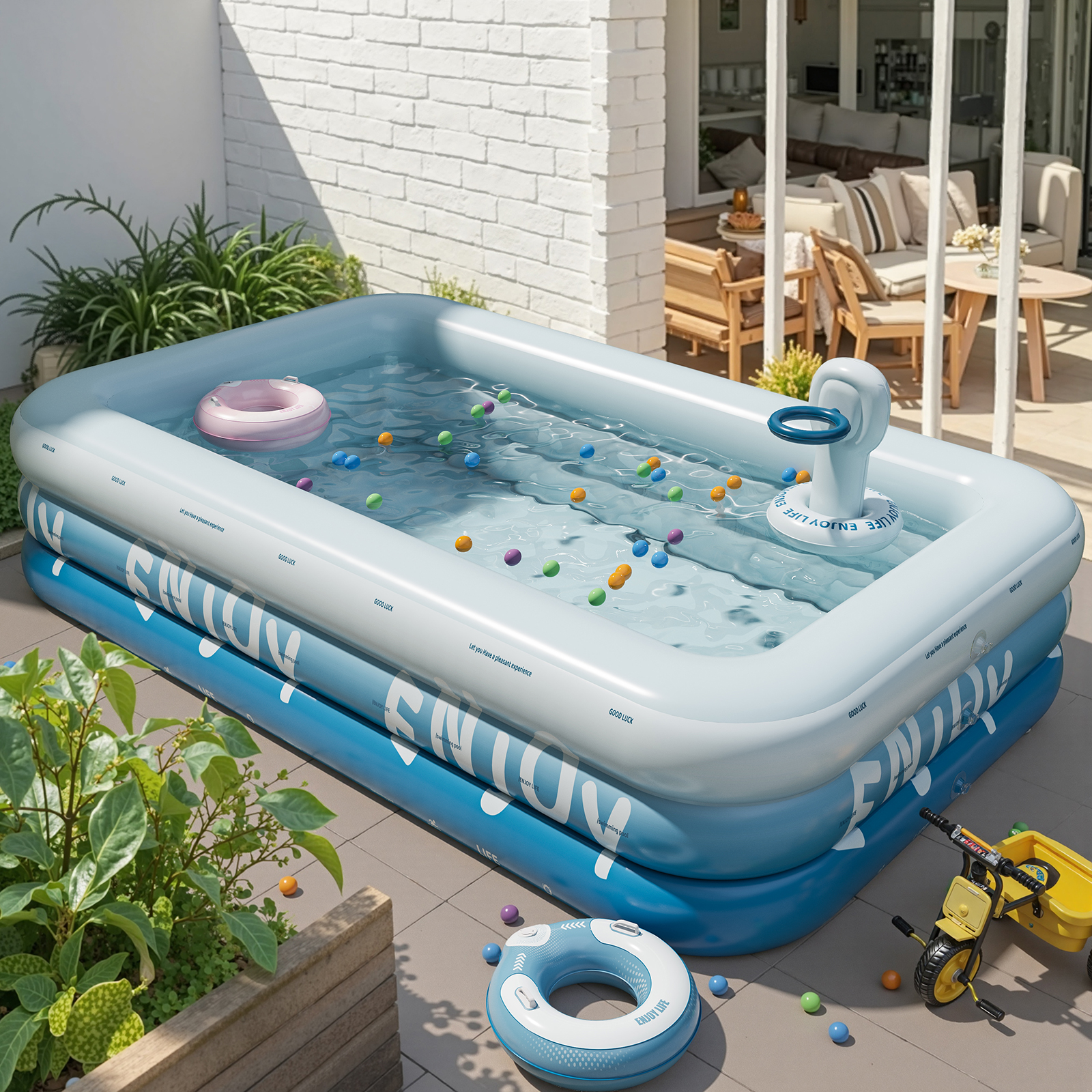 A 2.1m/3-layer with shooting hoop/water gun/slide/wireless air pump